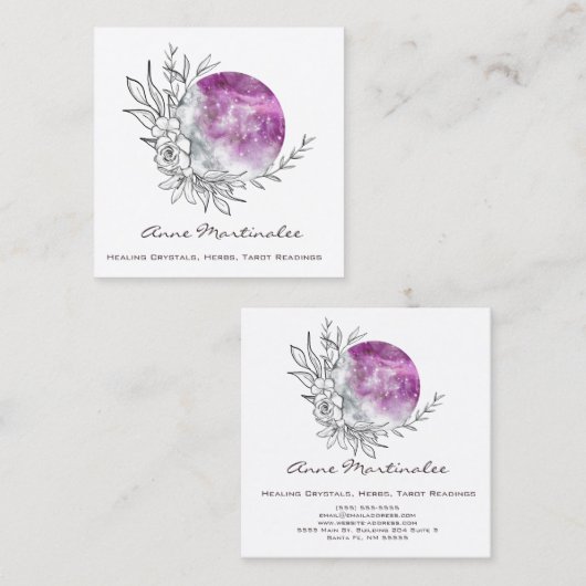 Paars Floral Moon Square Visitekaartje (Voorkant / Achterkant)