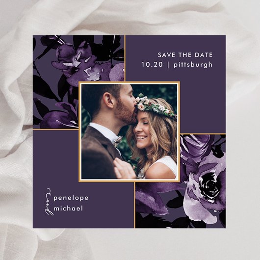 Paars Floral Photo Wedding Save The Date