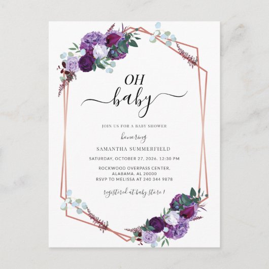 Paars Floral Roos Gold Geometric Baby shower Uitnodiging Briefkaart (Voorkant)