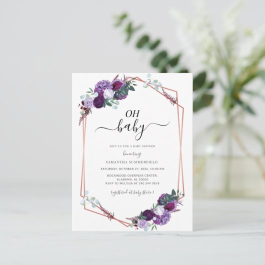Paars Floral Roos Gold Geometric Baby shower Uitnodiging Briefkaart (Staand voorkant)