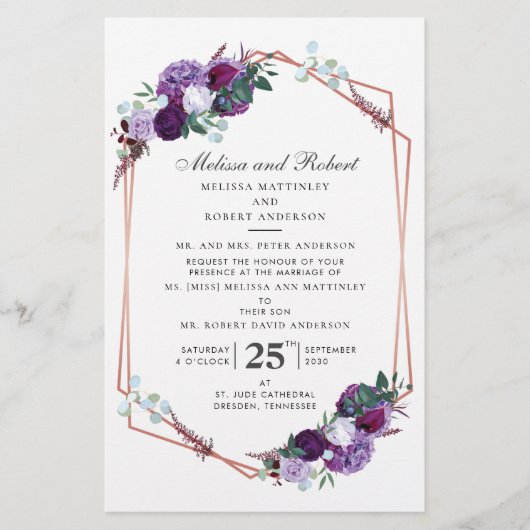 Paars Floral Roos Gold Geometric Greenery Wedding Briefpapier (Voorkant)