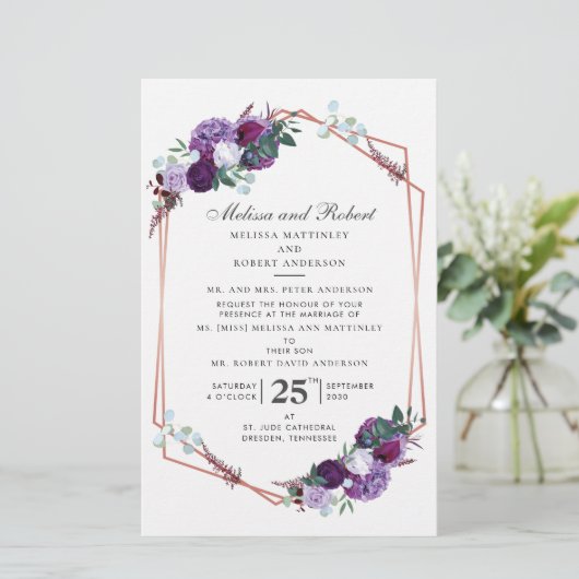 Paars Floral Roos Gold Geometric Greenery Wedding Briefpapier (Staand voorkant)