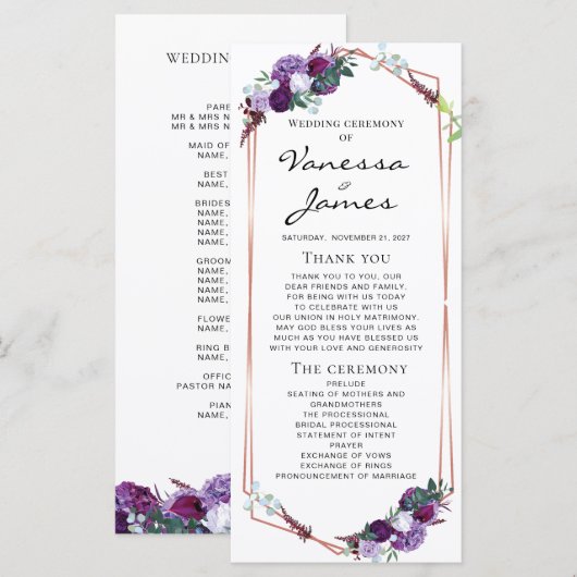 Paars Floral Roos Gold Geometric Lijst Wedding (Voorkant / Achterkant)