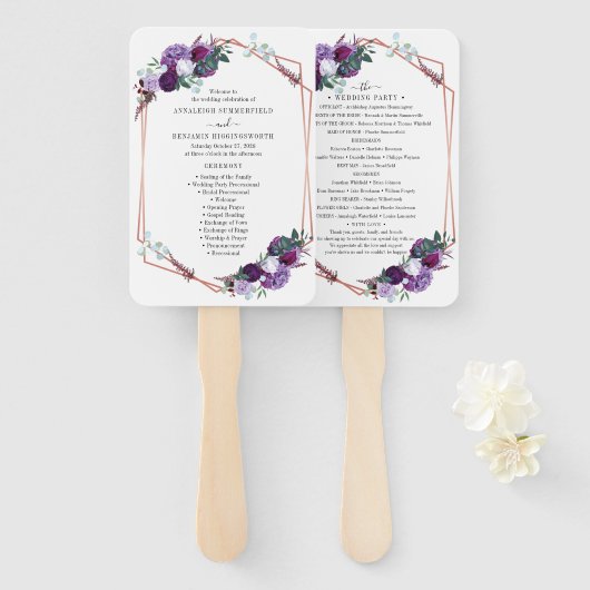 Paars Floral Roos Gold Geometric Wedding Programme Handwaaier (Voorkant en achterkant)