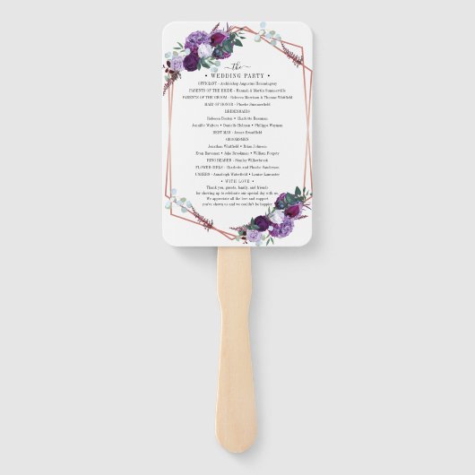 Paars Floral Roos Gold Geometric Wedding Programme Handwaaier (Achterkant)
