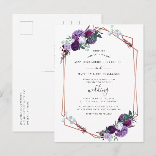 Paars Floral Roos Gold Geometric Wedding Uitnodiging Briefkaart (Voorkant / Achterkant)