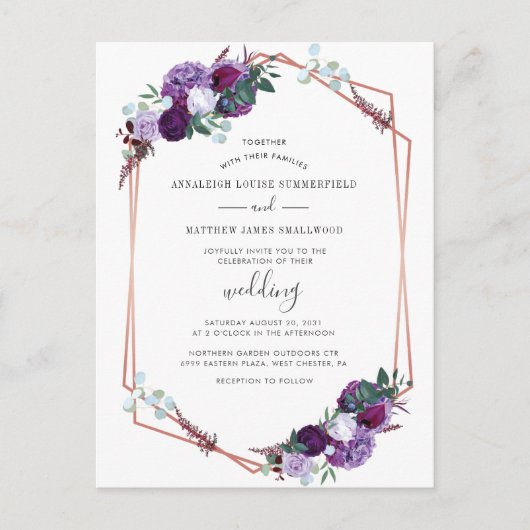 Paars Floral Roos Gold Geometric Wedding Uitnodiging Briefkaart (Voorkant)