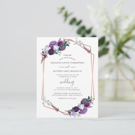 Paars Floral Roos Gold Geometric Wedding Uitnodiging Briefkaart (Staand voorkant)