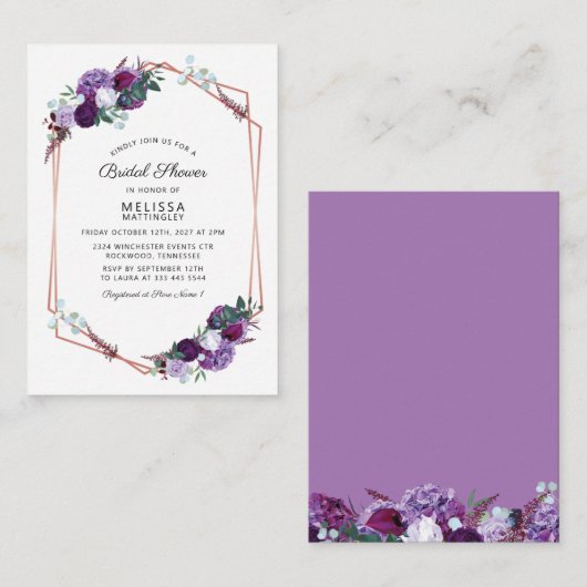 Paars Floral Roos Gold Lijst Vrijgezellenfeest Notitiekaartje (Voorkant / Achterkant)