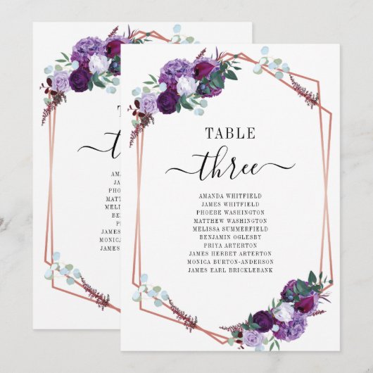 Paars Floral Roos Gold Wedding Table Nummer 3 Kaart (Voorkant / Achterkant)