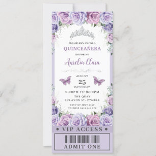 Paars Floral Roos Quinceañera Sweet 16 VIP Ticket Kaart