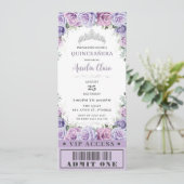 Paars Floral Roos Quinceañera Sweet 16 VIP Ticket Kaart (Staand voorkant)
