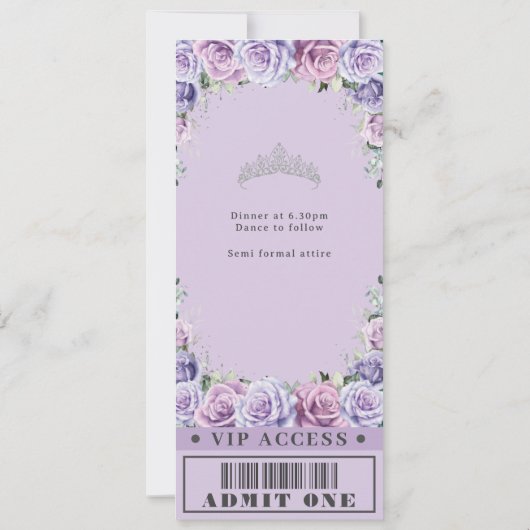 Paars Floral Roos Quinceañera Sweet 16 VIP Ticket Kaart (Achterkant)