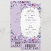 Paars Floral Roos Quinceañera Sweet 16 VIP Ticket Kaart (Voorkant / Achterkant)