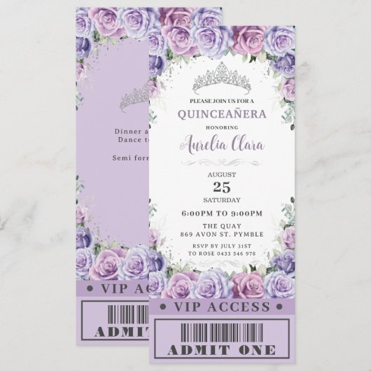 Paars Floral Roos Quinceañera Sweet 16 VIP Ticket Kaart (Voorkant / Achterkant)