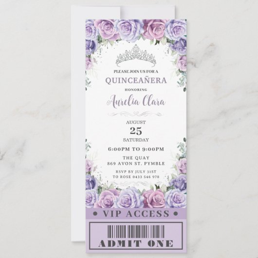 Paars Floral Roos Quinceañera Sweet 16 VIP Ticket Kaart (Voorkant)