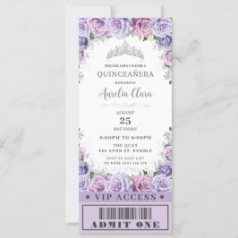 Paars Floral Roos Quinceañera Sweet 16 VIP Ticket Kaart