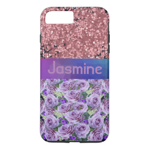 Paars Floral Roos Roze Glitter Sparkles iPhone 8/7 Plus Hoesje