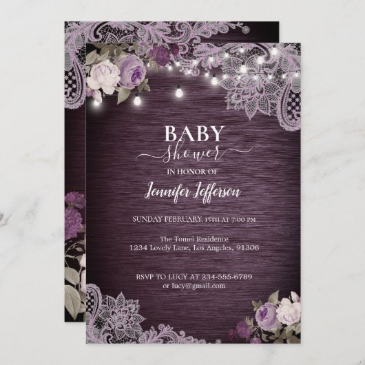 Paars Floral Rustic Baby shower Kaart (Voorkant / Achterkant)