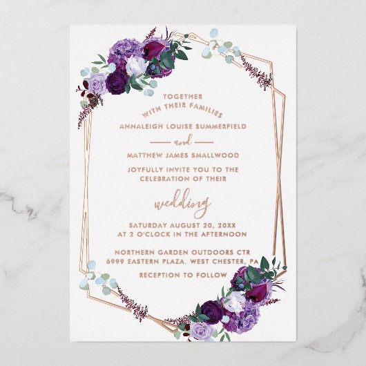 Paars Floral Script Geometric Wedding Roos Gold Folie Uitnodiging (Voorkant)