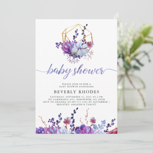 Paars Floral Succulent Baby shower Kaart (Staand voorkant)