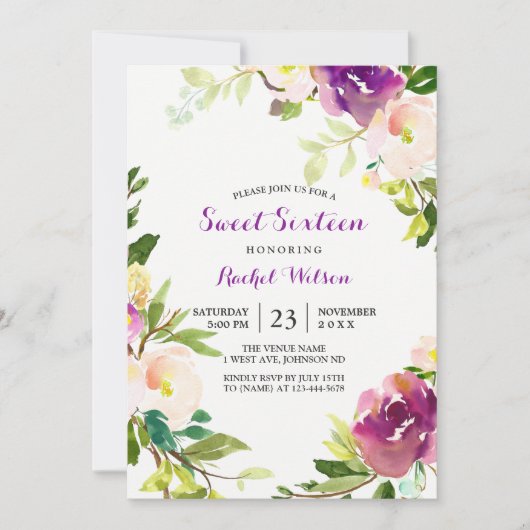  Paars Floral Sweet 16 Uitnodiging (Voorkant)