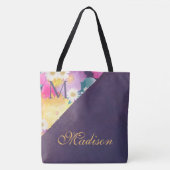 Paars Floral Trendy Girly Initiaal Naam Monogram Tote Bag (Voorkant)