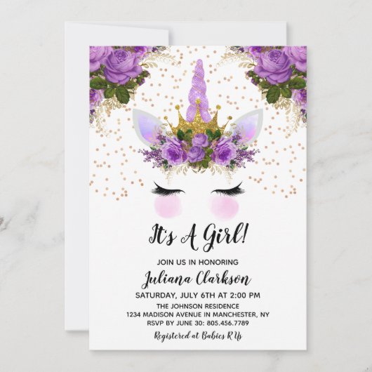 Paars Floral Unicorn Princess Baby shower Kaart (Voorkant)