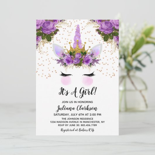 Paars Floral Unicorn Princess Baby shower Kaart (Staand voorkant)