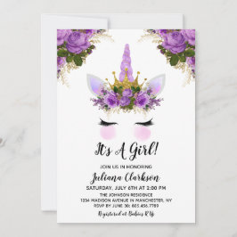 Paars Floral Unicorn Princess Baby shower Kaart