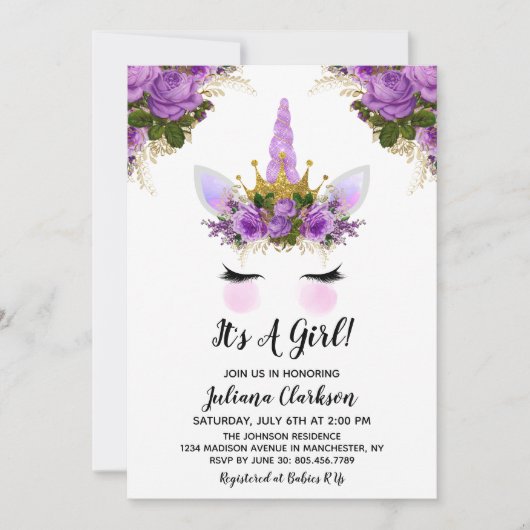 Paars Floral Unicorn Princess Baby shower Kaart (Voorkant)