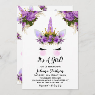 Paars Floral Unicorn Princess Baby shower Kaart