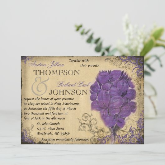 Paars Floral Vintage Weddenschap Kaart (Staand voorkant)