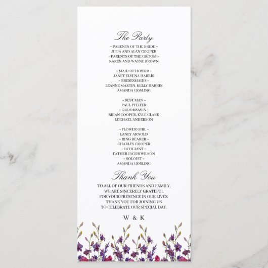 Paars Floral Wedding Programme Programmakaart (Achterkant)