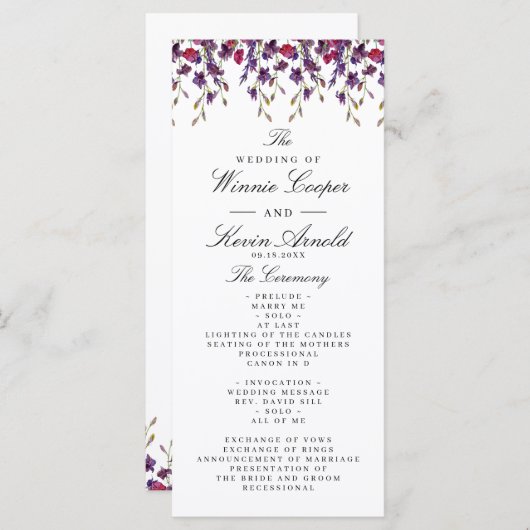 Paars Floral Wedding Programme Programmakaart (Voorkant / Achterkant)