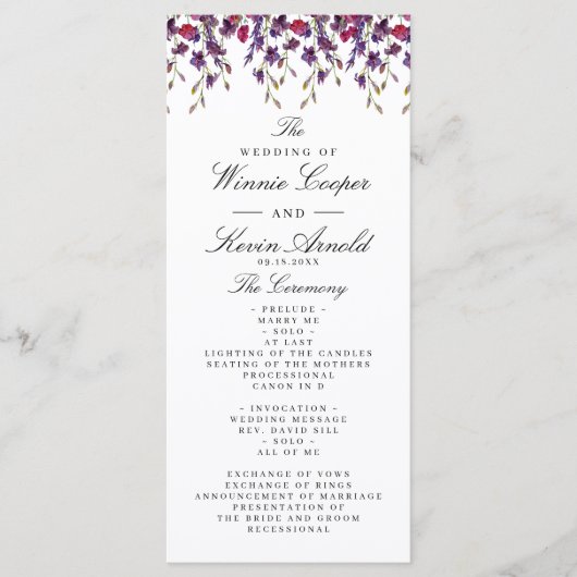 Paars Floral Wedding Programme Programmakaart (Voorkant)