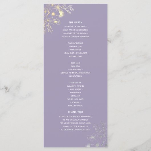 Paars Floral Wedding Programme Programmakaart (Achterkant)