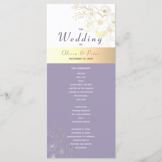 Paars Floral Wedding Programme Programmakaart (Voorkant)