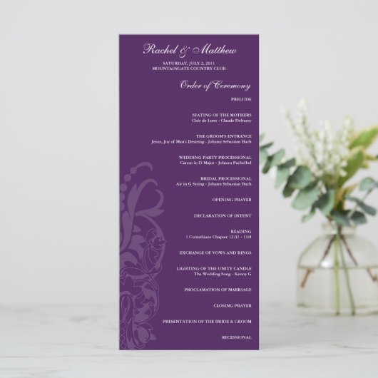 Paars Floral Wedding Programme Programmakaart (Staand voorkant)