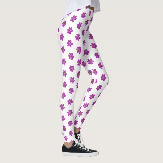 Paars Floral White Pattern Leggings (Rechts)