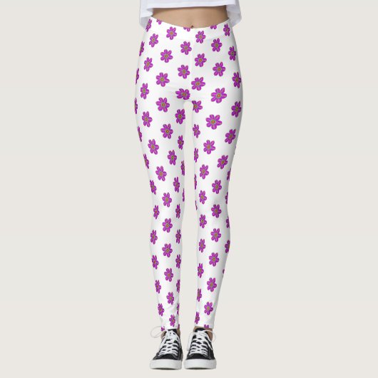 Paars Floral White Pattern Leggings (Voorkant)