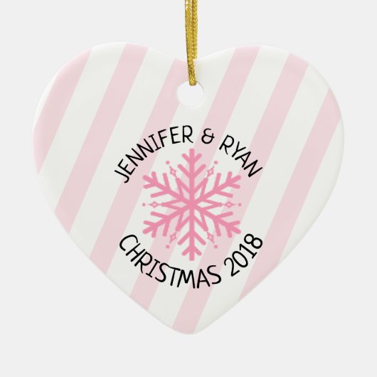 Paar's foto roze witte sneeuwvlok personaliseren keramisch ornament (Voorkant)