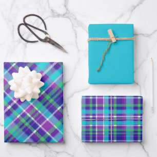 Paars, Fuchsia, Aqua, Groen, Blauw & Wit Geruit Inpakpapier Vel