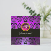 PAARS FUCHSIA ZWART DAMAST MONOGRAM,roze amethist Kaart (Staand voorkant)