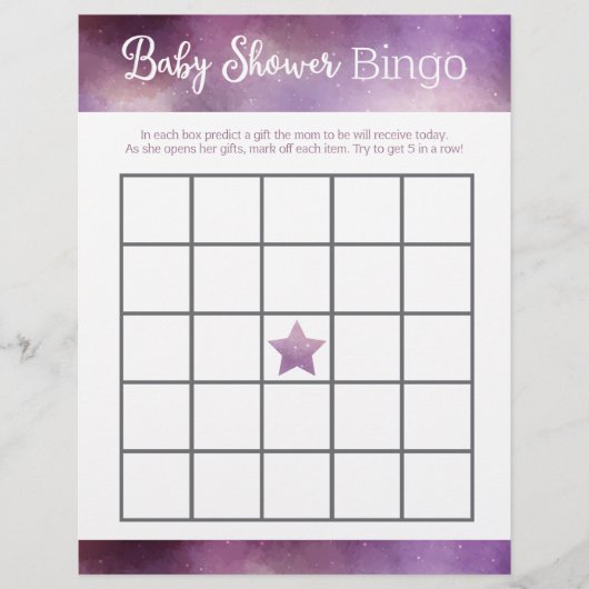 Paars Galaxy Baby shower Bingo Game (Voorkant)