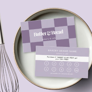 Paars geblokte bakkerij loyaliteitsbeloning promot visitekaartje