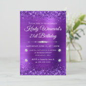 Paars geborsteld metaal en Glitter 21st verjaardag Kaart (Staand voorkant)