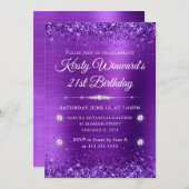 Paars geborsteld metaal en Glitter 21st verjaardag Kaart (Voorkant / Achterkant)