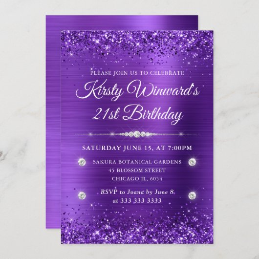 Paars geborsteld metaal en Glitter 21st verjaardag Kaart (Voorkant / Achterkant)
