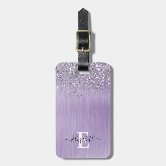 Paars geborsteld Metaal Glitter Monogram Manuscrip Bagagelabel (Voorkant verticaal)